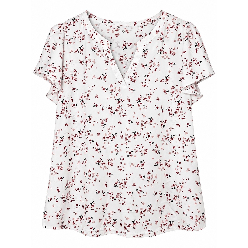 Hilary Radley Womens XL Floral Blouse White Red Split V-Neck Flutter Sleeve Top